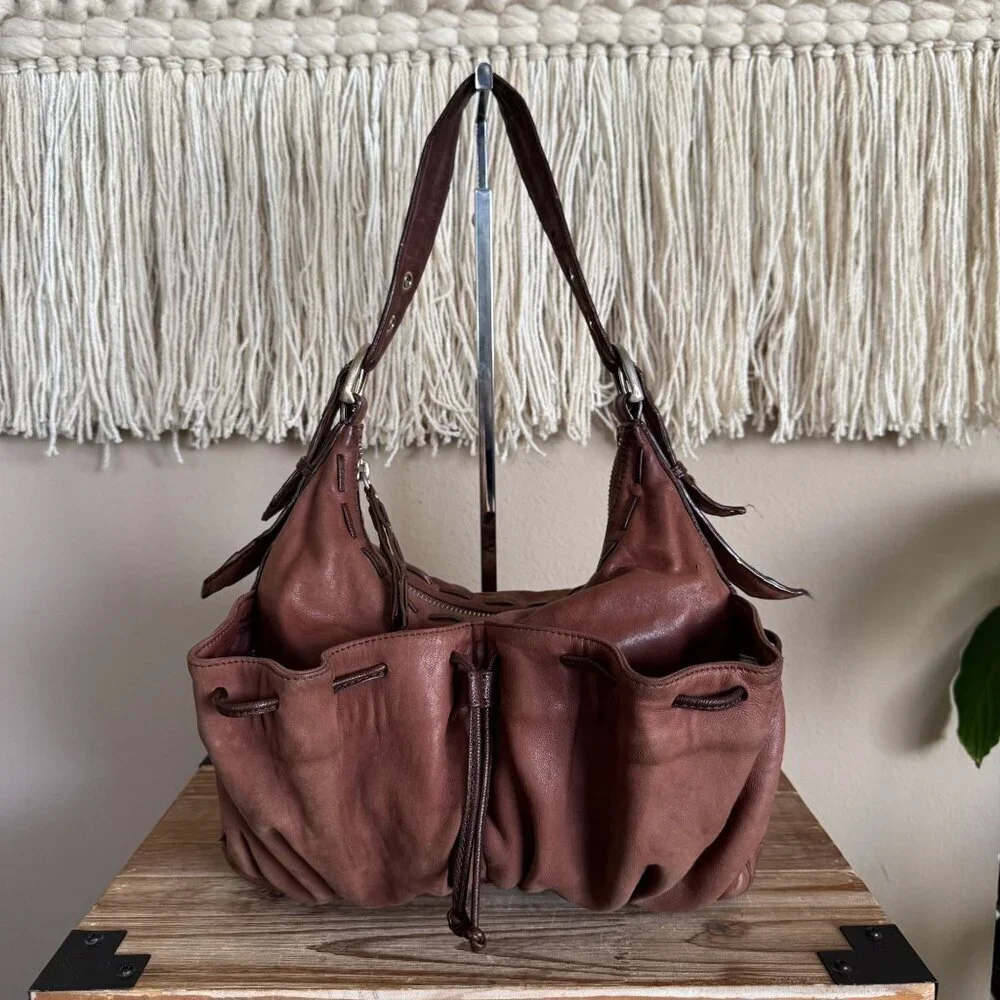Junior Drake Brown Lambskin Leather Gathered‎ Pocket Squishy Hobo Shoulder Bag